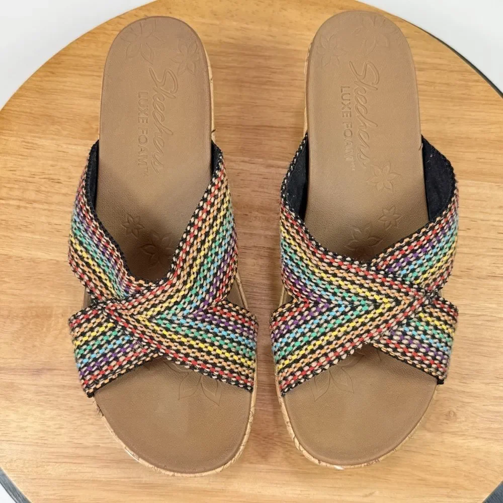 Skechers Beverlee Delighted Rainbow Woven Strap Wedge Sandals‎ Luxe Foam 9